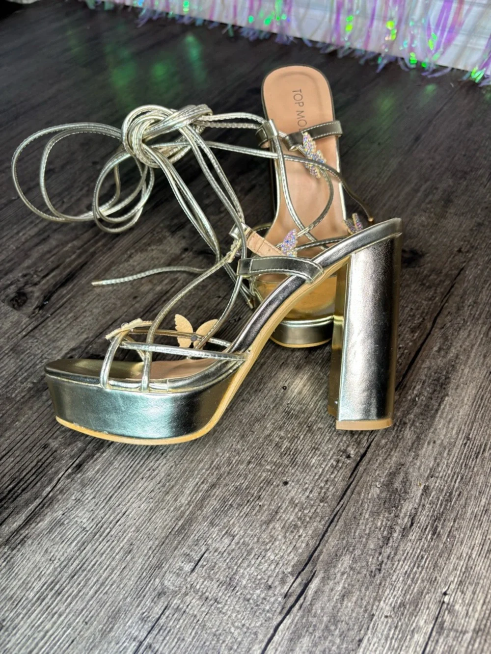Iridescent Butterfly Gold Platform Lace-Up Heels Sz 6.5 Chunky Heel TOP Moda